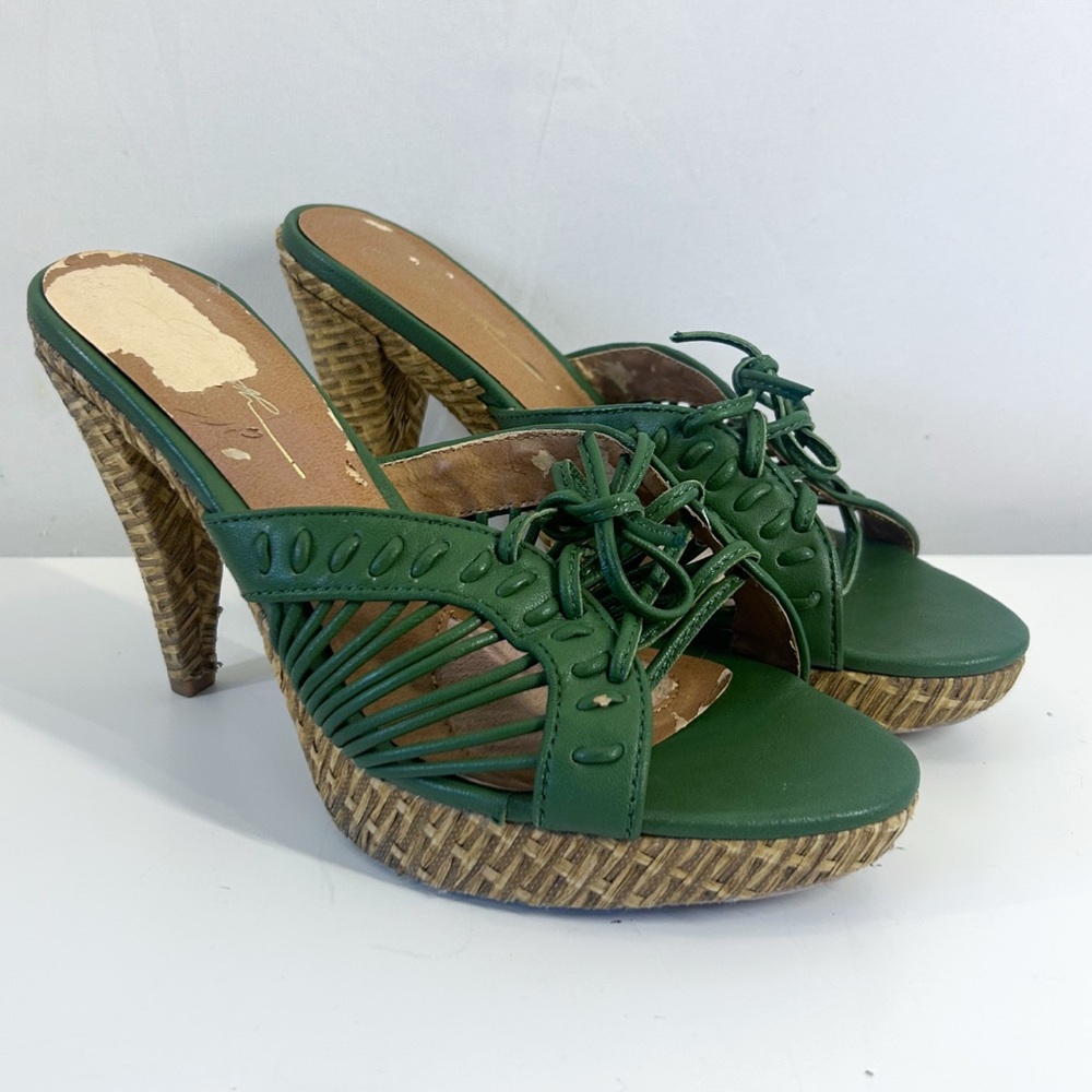 Green Lace Up Woven Platform Sandals Heels Woodland Fairy